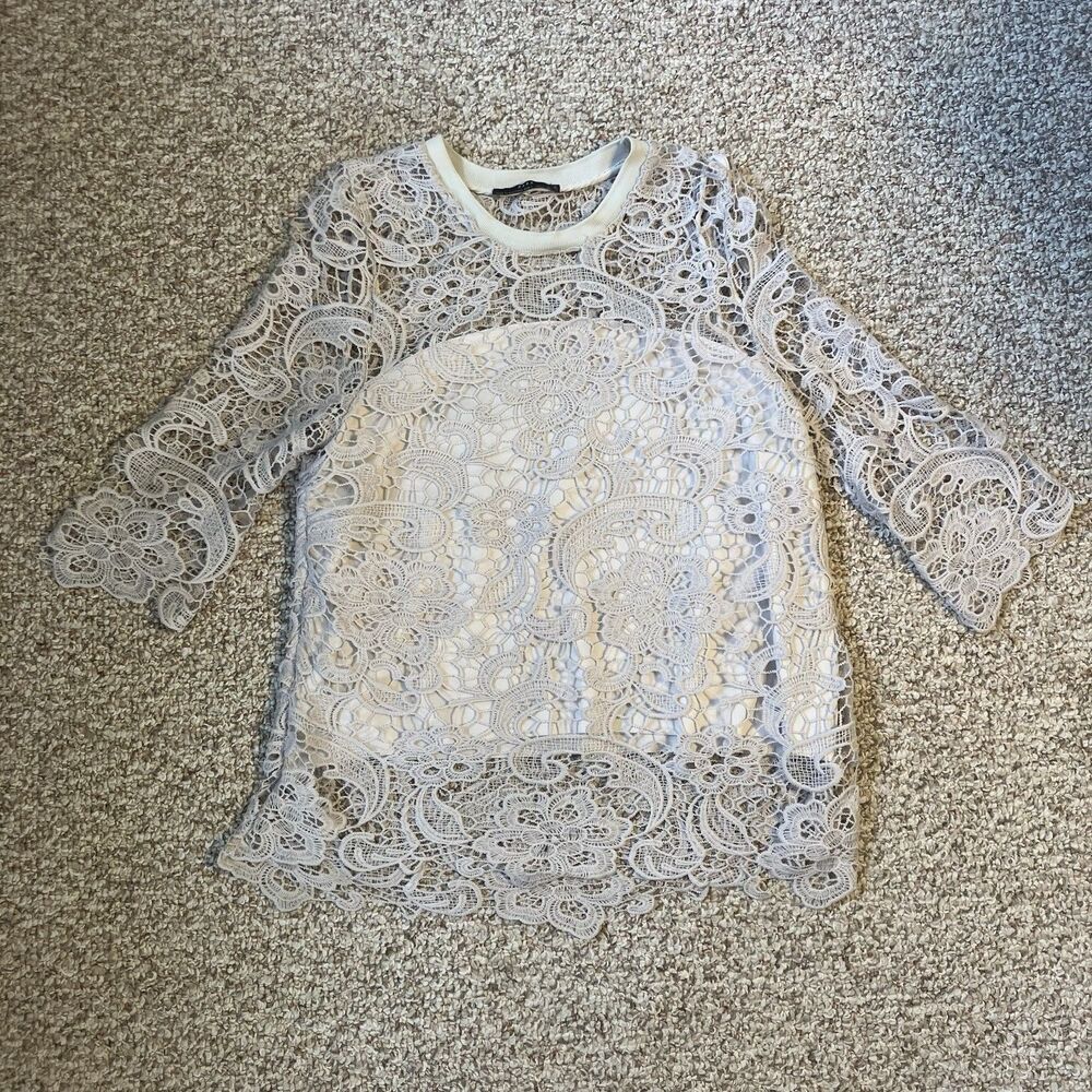 Zara Lace Embroidered Top Floral Shirt Size L Off White Beige Beachy Boho Summer